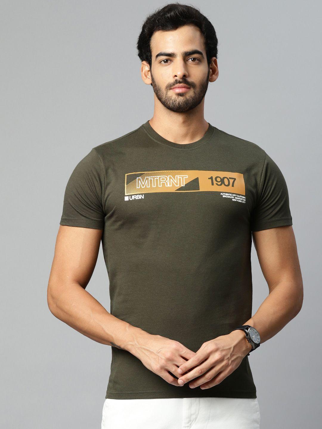 metronaut men olive green & yellow typography printed t-shirt