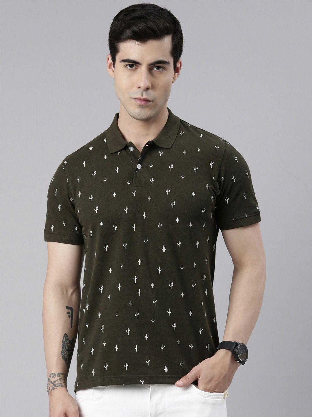 metronaut men olive green printed polo collar pockets t-shirt