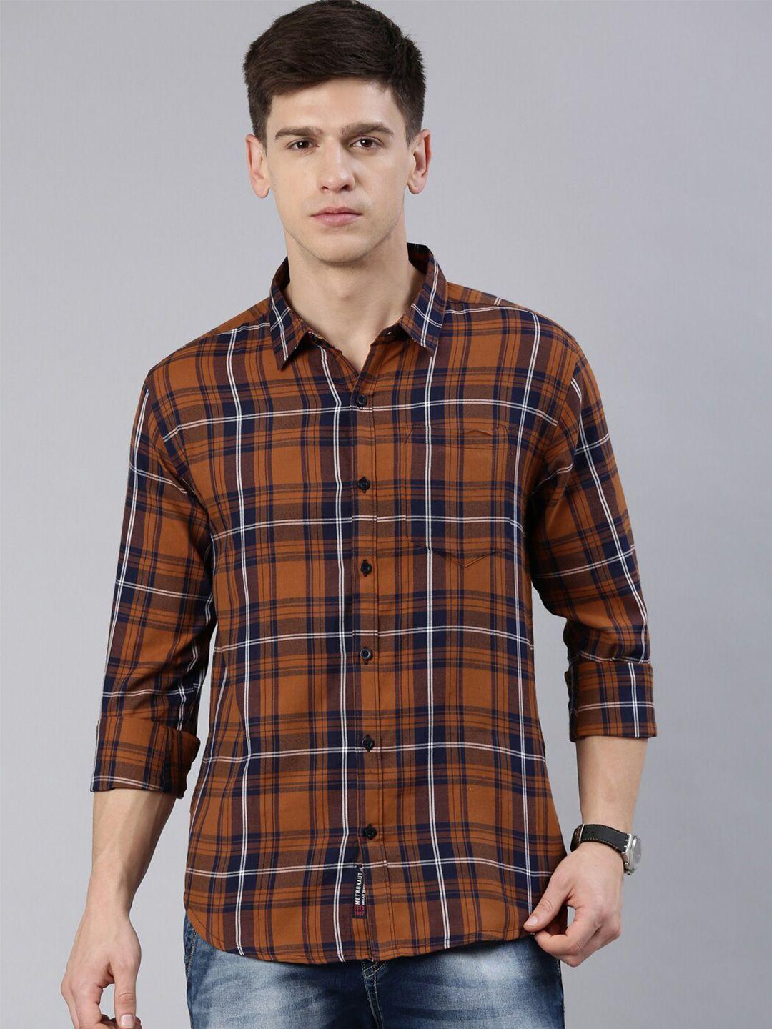 metronaut spread collar slim fit tartan checked casual shirt