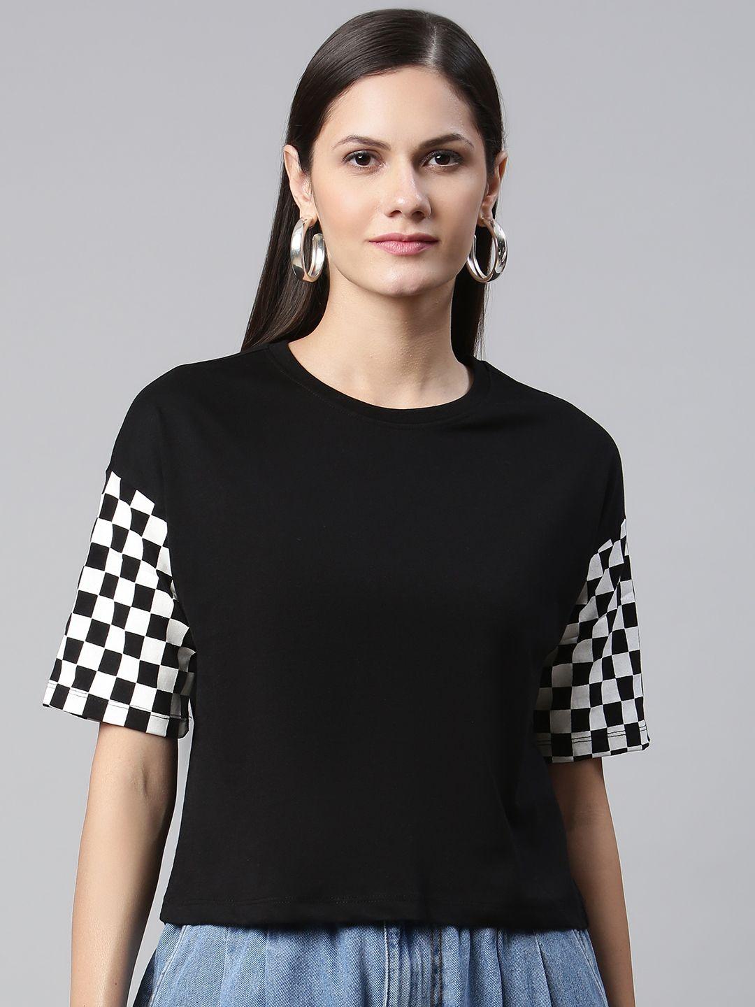 metronaut women black & white drop-shoulder sleeves t-shirt