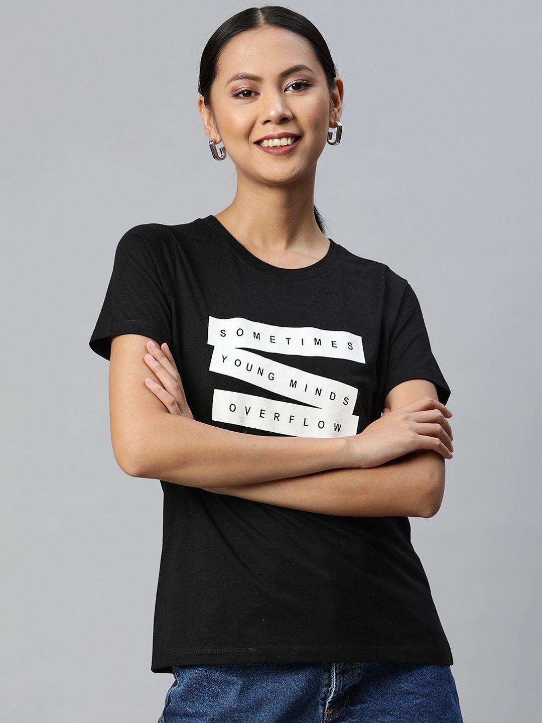 metronaut women black & white typography printed t-shirt