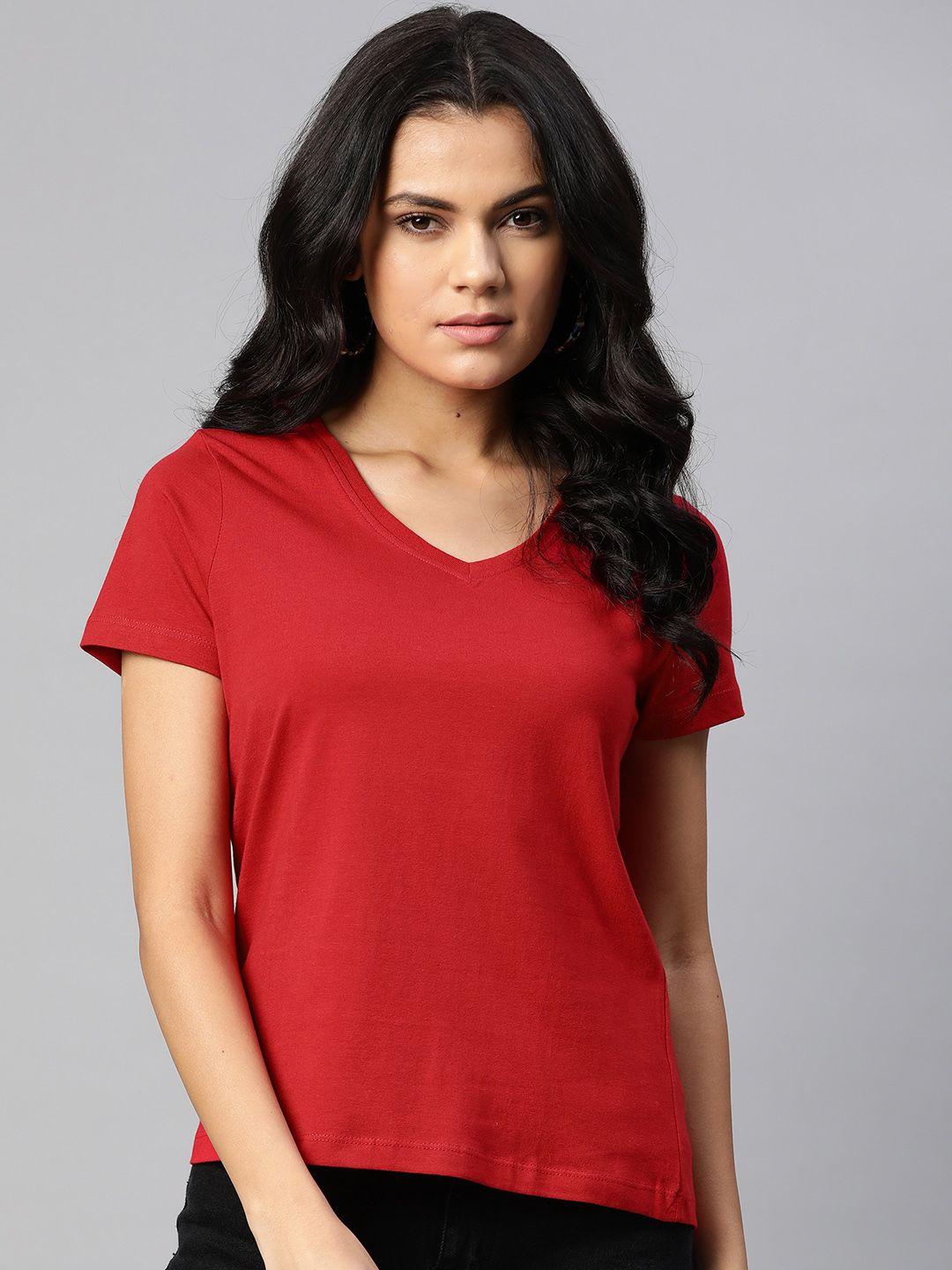 metronaut women maroon v-neck pure cotton solid pure cotton t-shirt
