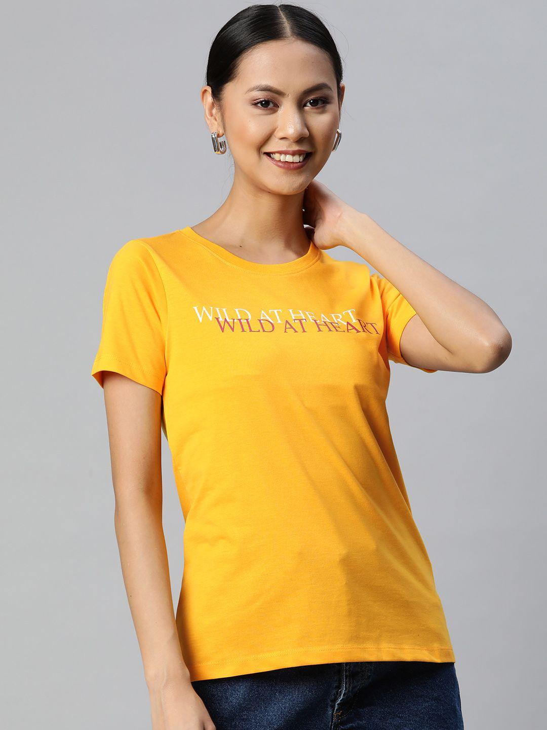 metronaut women mustard yellow & white typography printed t-shirt