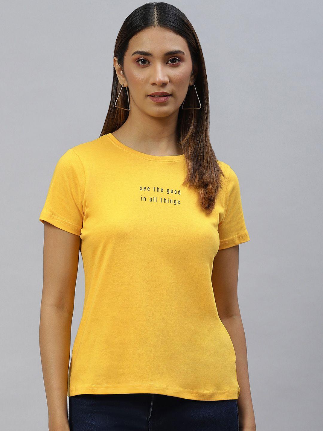 metronaut women mustard yellow pure cotton printed detail t-shirt