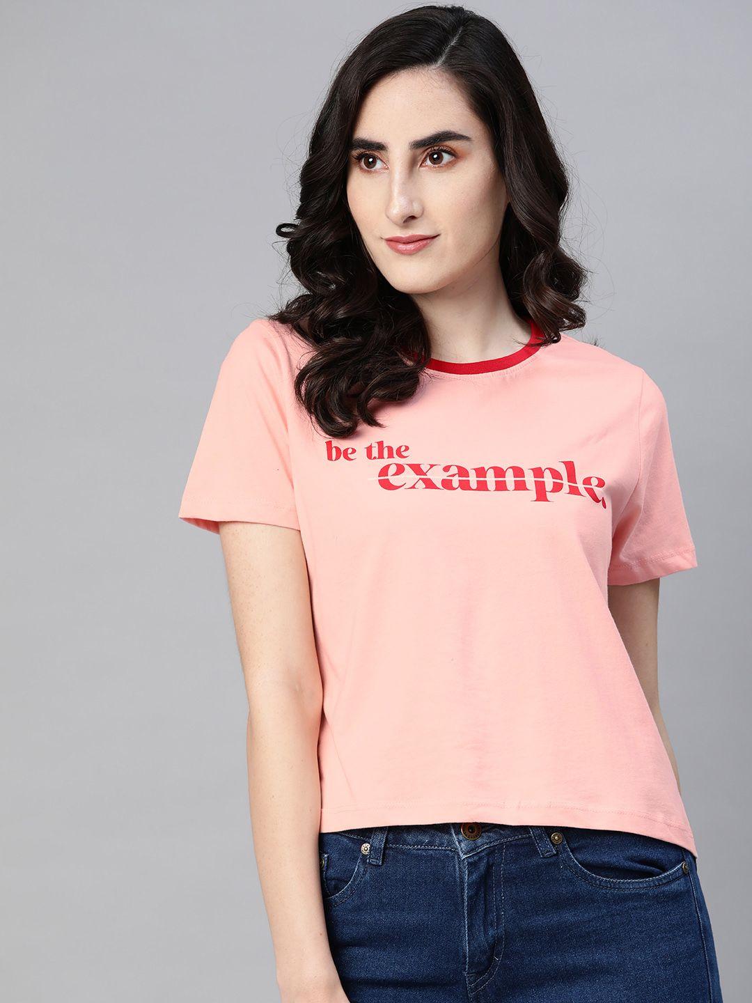 metronaut women peach-coloured & red typography printed t-shirt