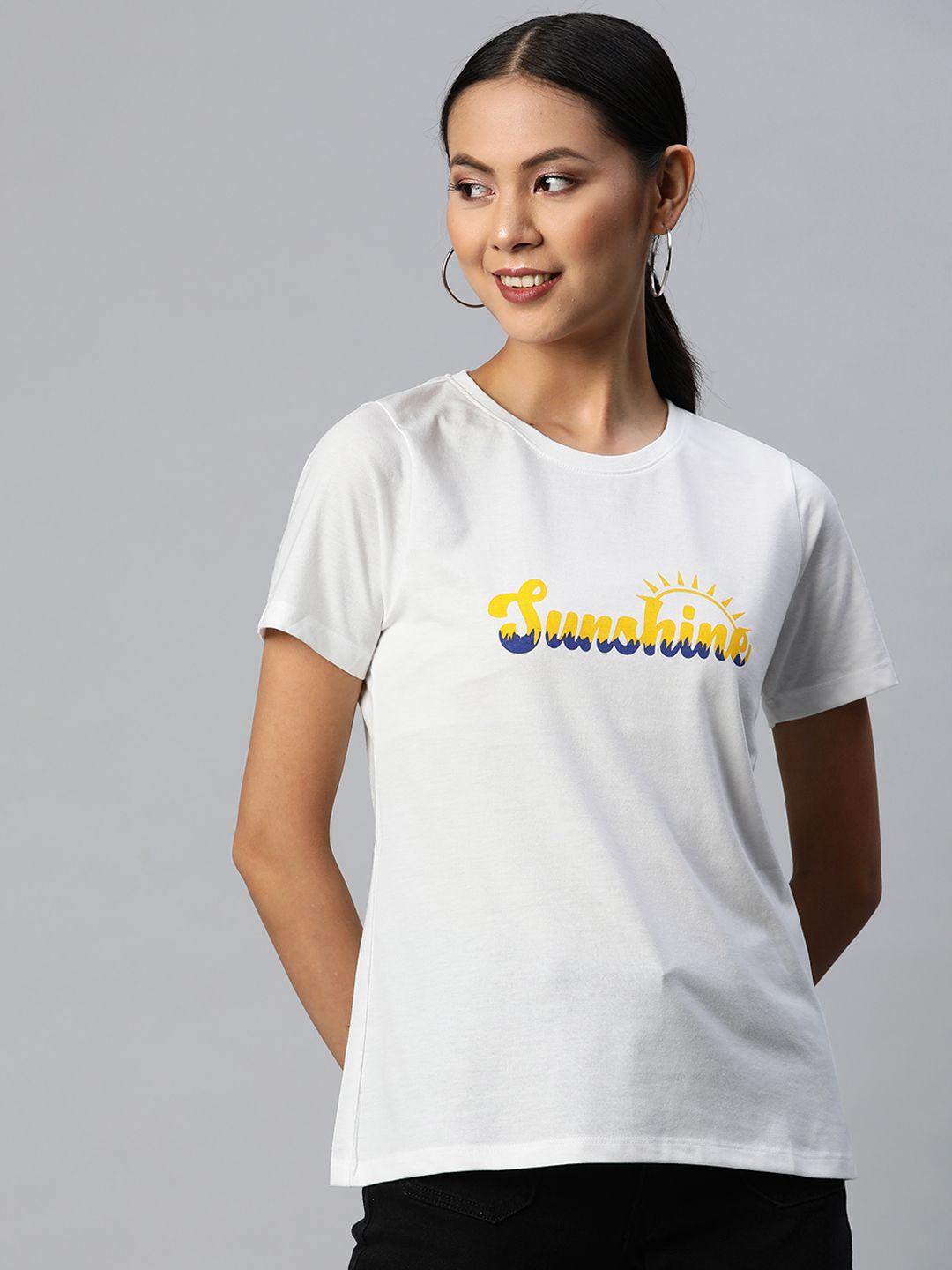 metronaut women white & mustard yellow typography printed t-shirt