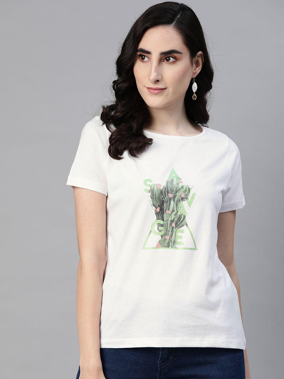 metronaut women white printed pure cotton t-shirt