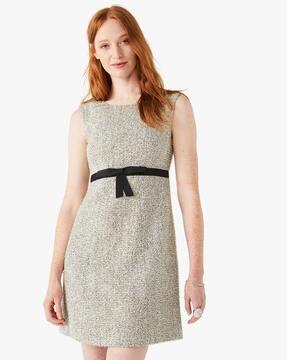 mettalic tweed sheath dress with bow accent