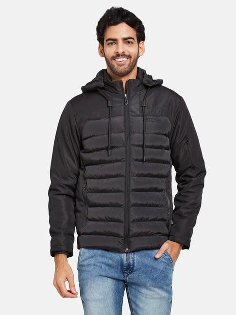 mettle black regular fit quilted hooded jacket