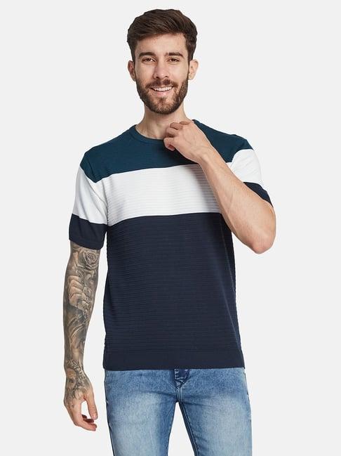 mettle blue cotton regular fit striped t-shirt