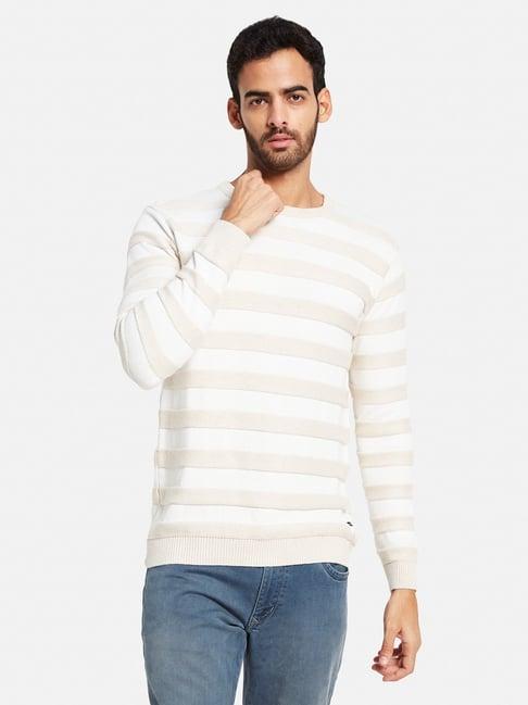 mettle cream cotton regular fit striped sweater