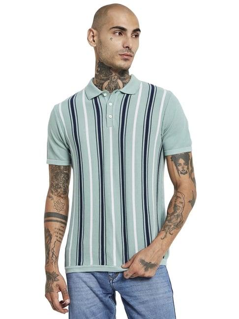 mettle dusty mint cotton regular fit striped polo t-shirt