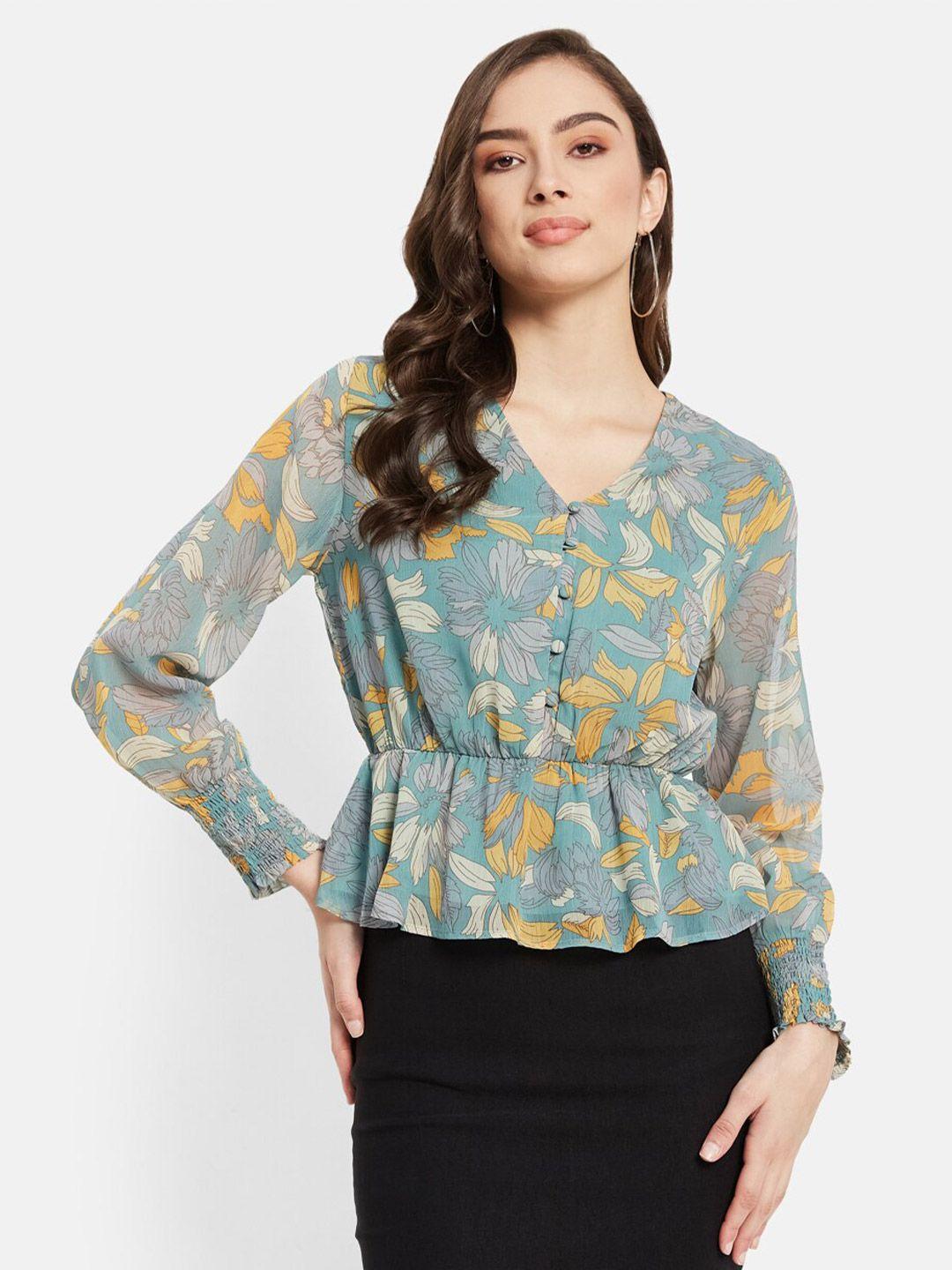 mettle floral printed v-neck cotton cinched waist top