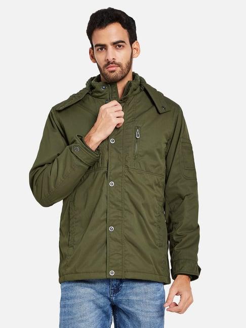 mettle green cotton regular fit hooded jacket