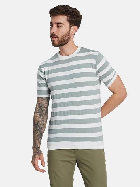 mettle green cotton regular fit striped t-shirt