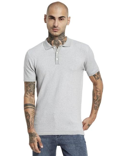 mettle grey melange cotton regular fit striped polo t-shirt