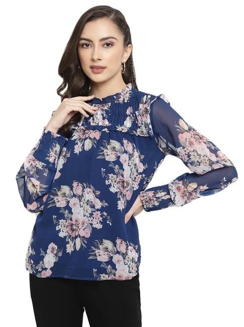 mettle ink blue cotton floral print top