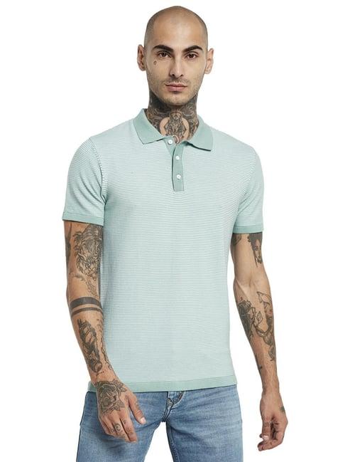 mettle light teal cotton regular fit striped polo t-shirt