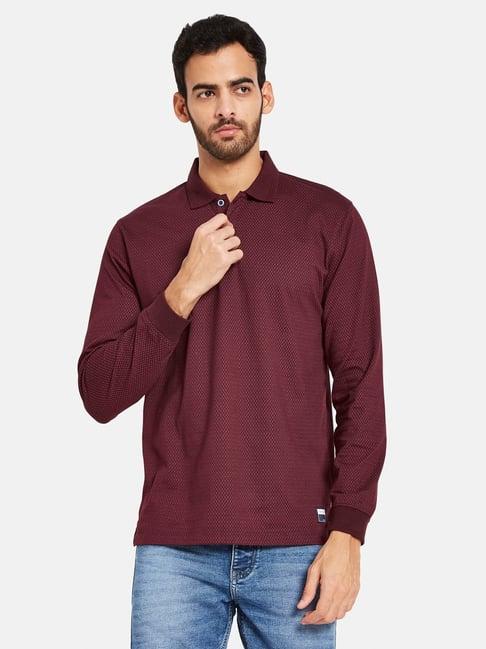 mettle maroon cotton regular fit printed polo t-shirt