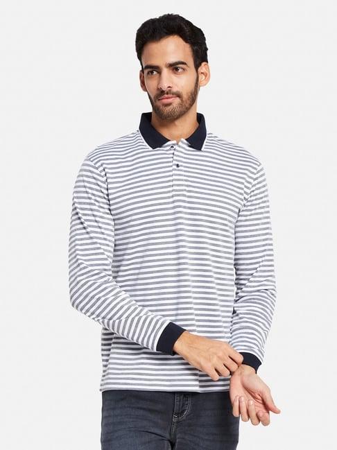 mettle navy cotton regular fit striped polo t-shirt