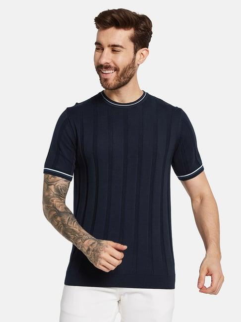 mettle navy cotton regular fit striped t-shirt