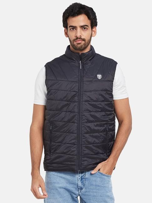 mettle navy regular fit mock collar padded jacket