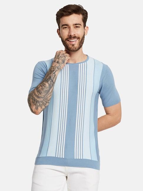 mettle oxford blue cotton regular fit striped t-shirt