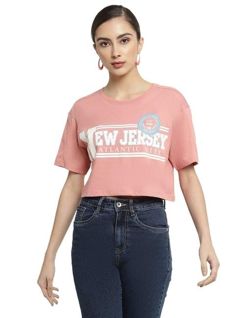 mettle rose pink cotton printed crop t-shirt