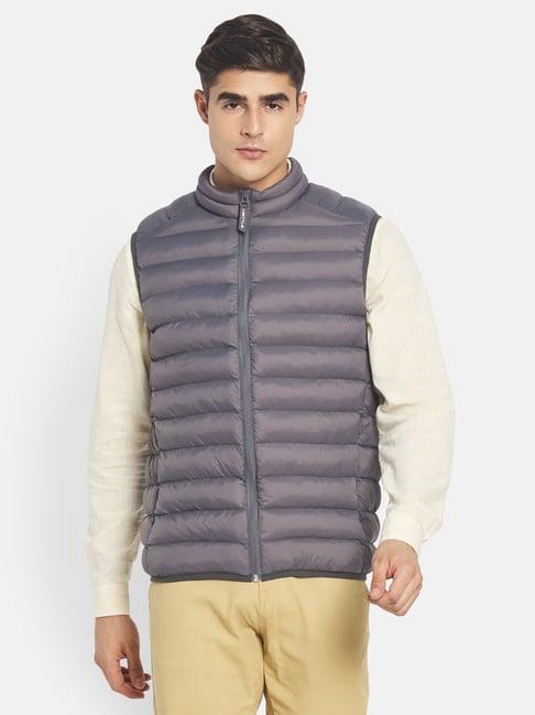 mettle smoke grey self design regular fit jacket