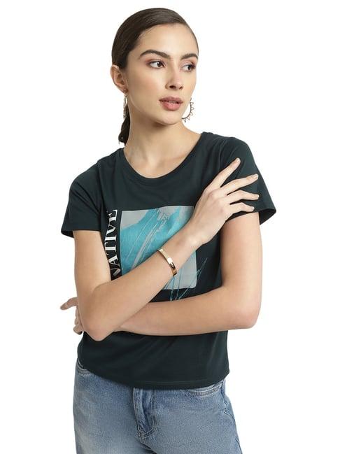 mettle teal green cotton printed t-shirt