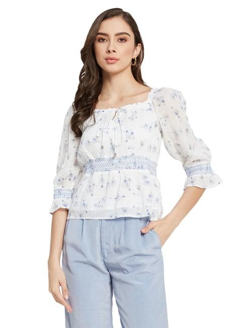 mettle white & blue cotton floral print peplum top