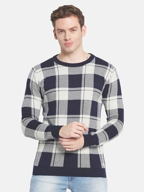 mettle white & navy cotton regular fit checks sweater