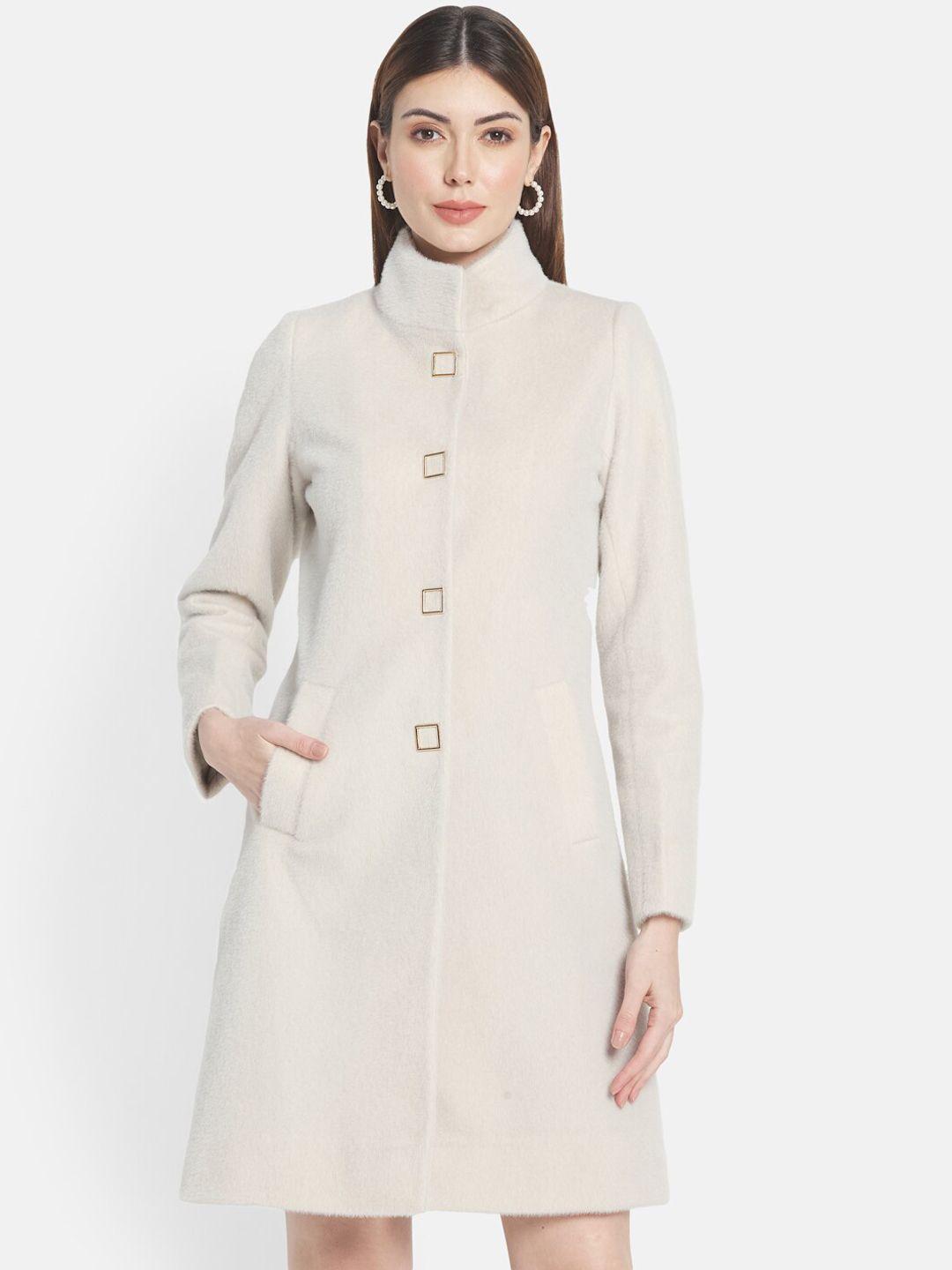 mettle women cream-colored solid cotton overcoat