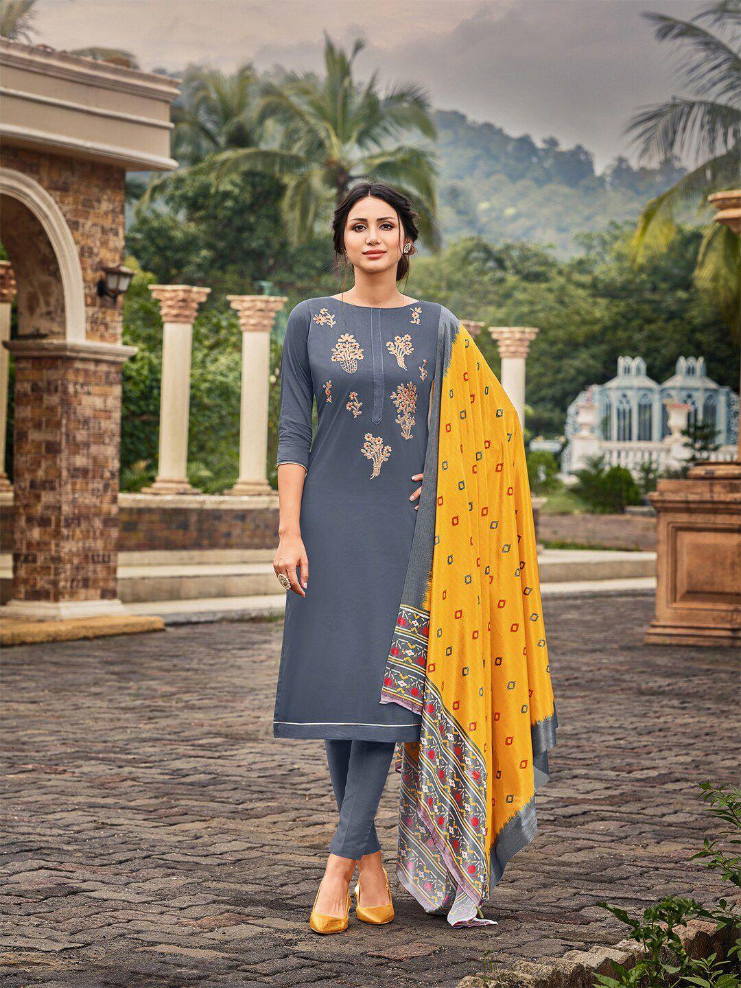 mf grey & yellow embroidered unstitched dress material