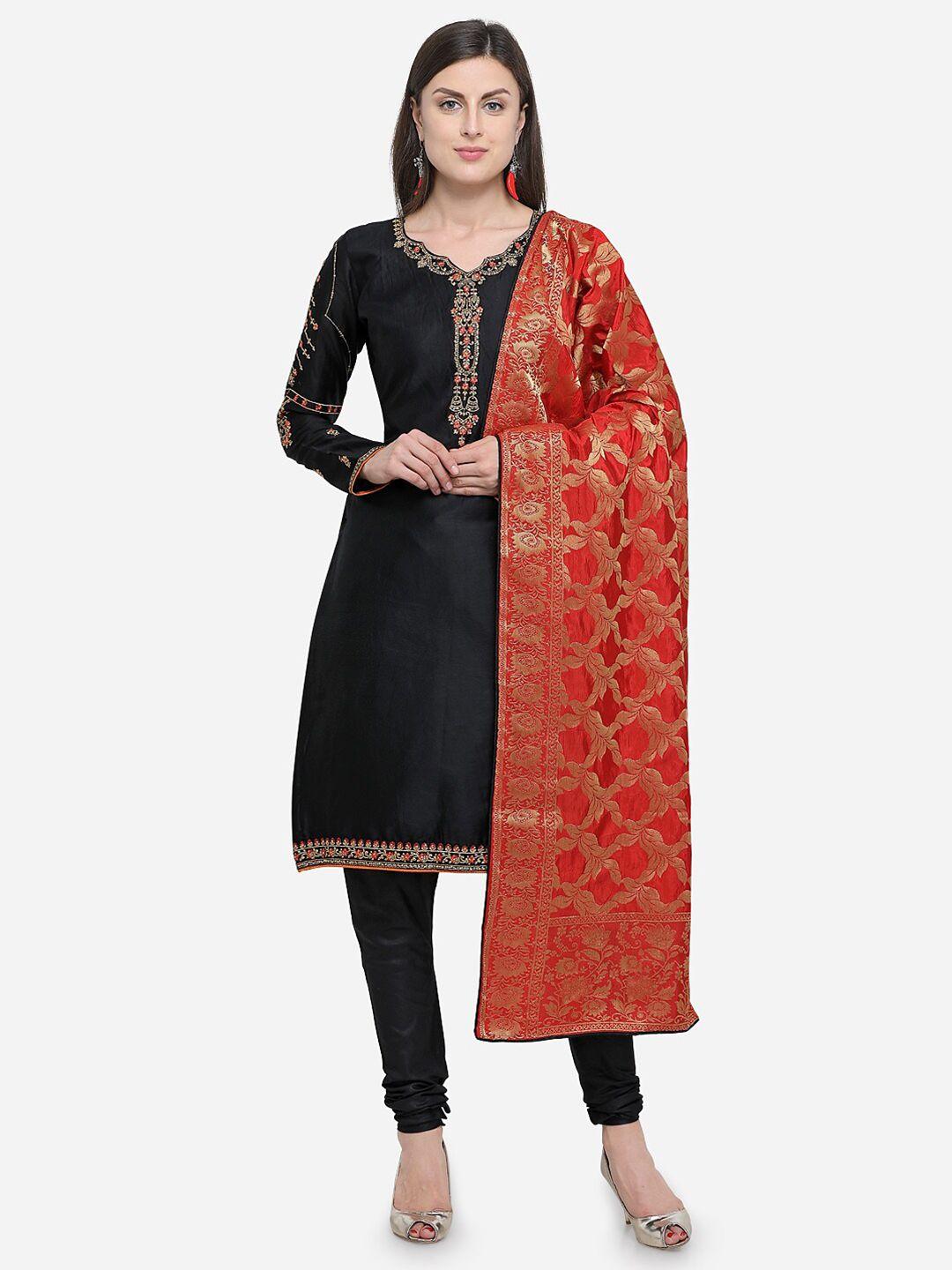 mf women black & red embroidered pure cotton unstitched dress material