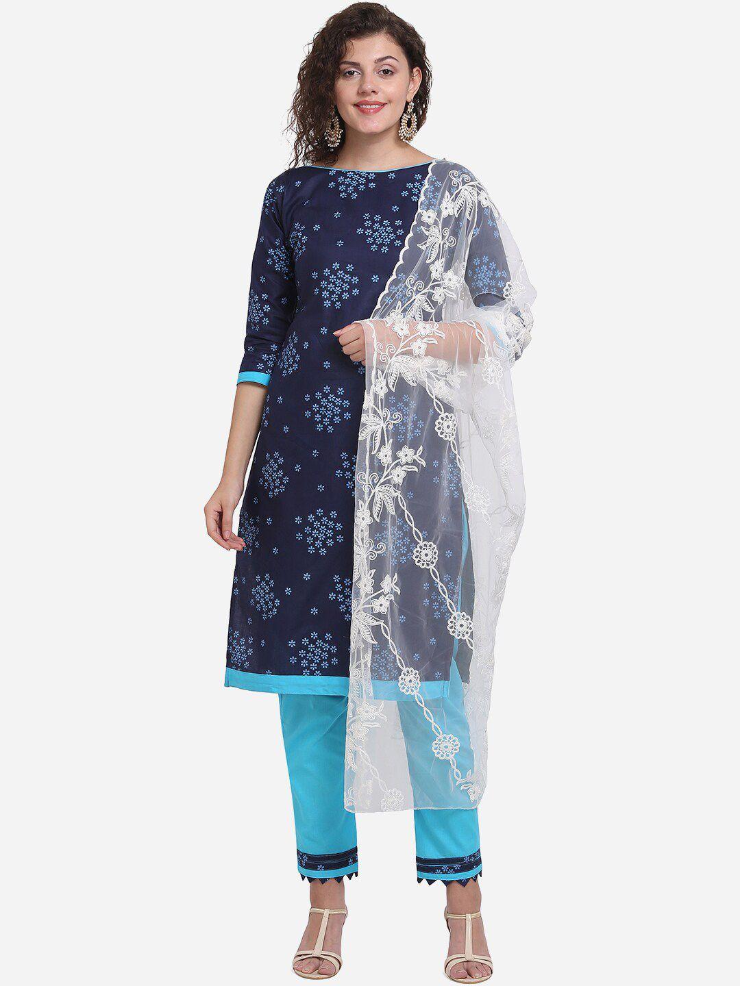 mf women navy blue & white printed pure cotton unstitched dress material