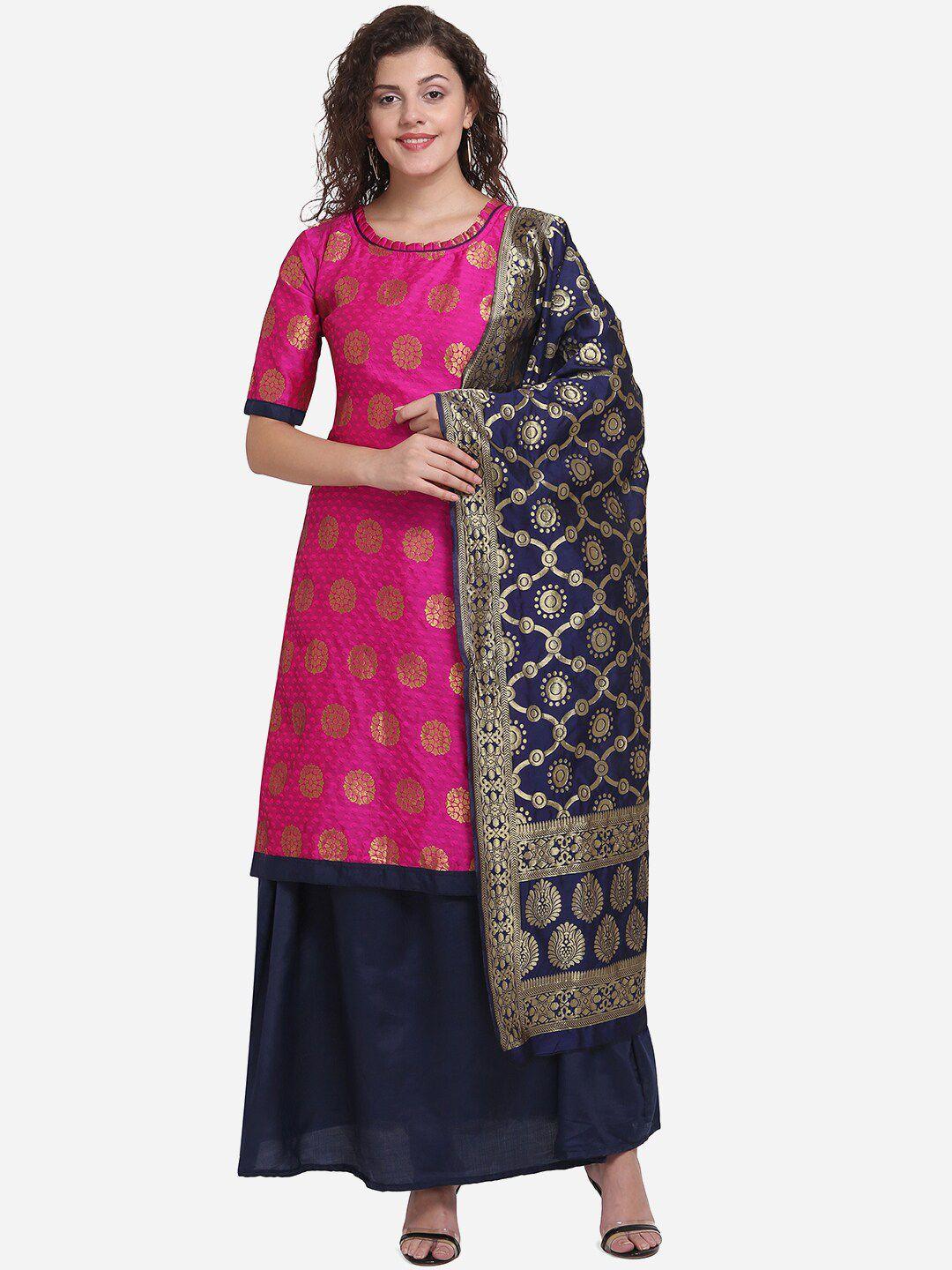mf women pink & navy blue art silk unstitched dress material