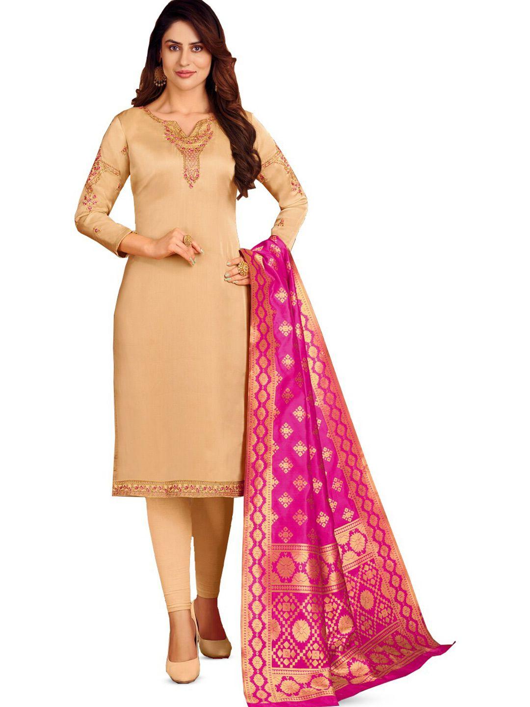 mf beige & pink embroidered unstitched dress material