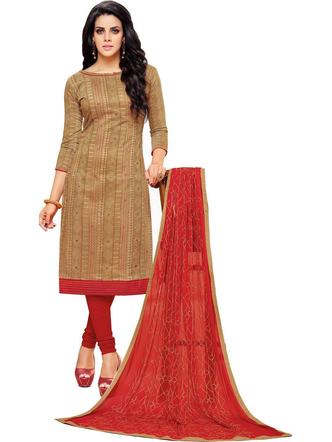 mf beige & red embroidered unstitched dress material