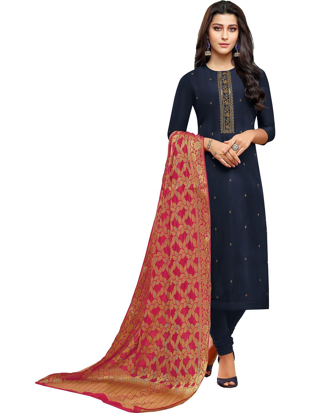 mf blue & red embroidered unstitched dress material