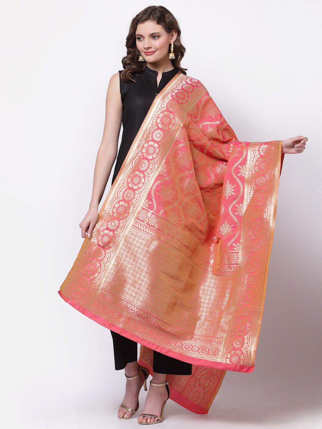 mf coral & gold-toned woven design art silk dupatta with zari