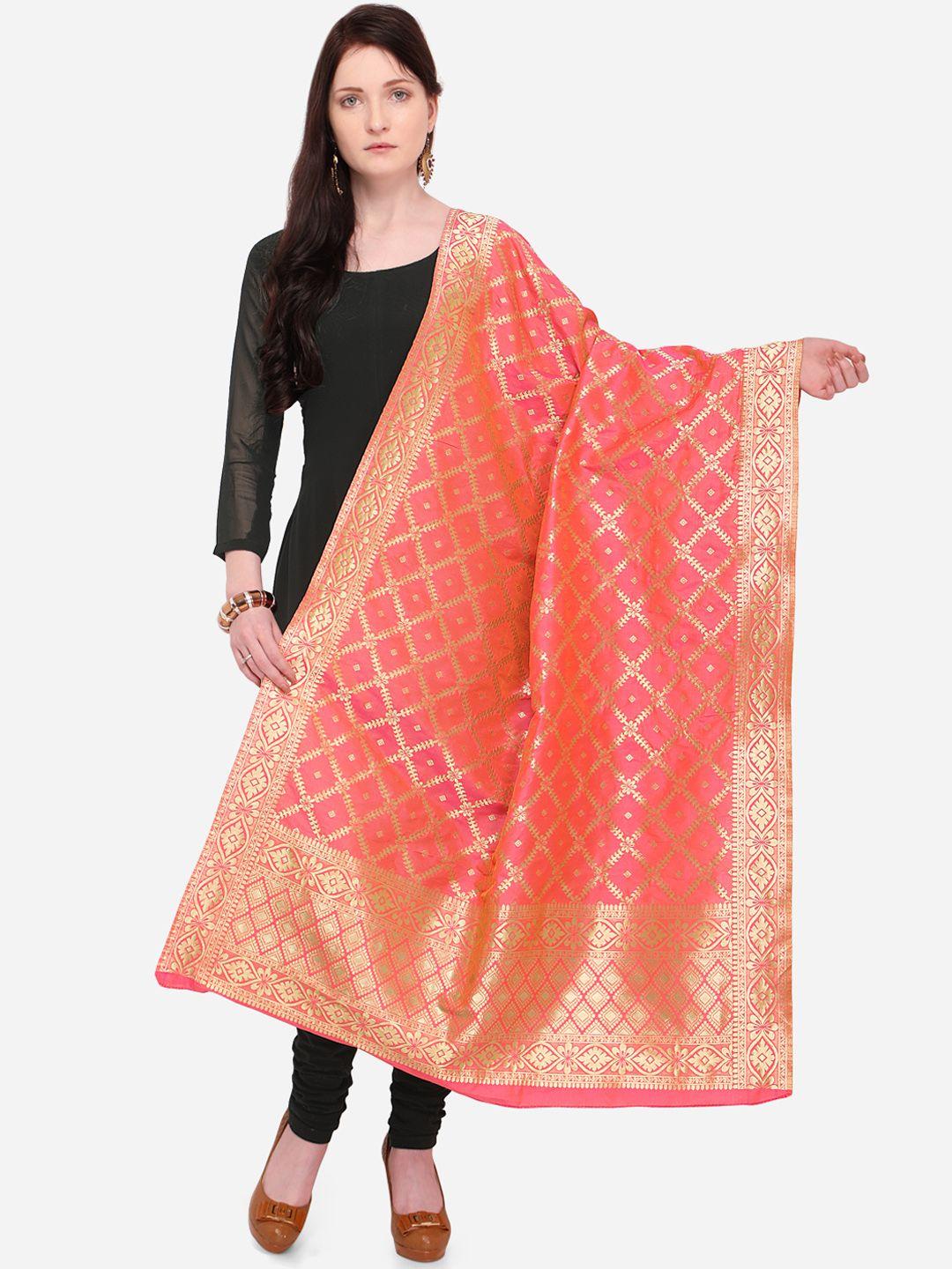 mf coral pink woven design dupatta