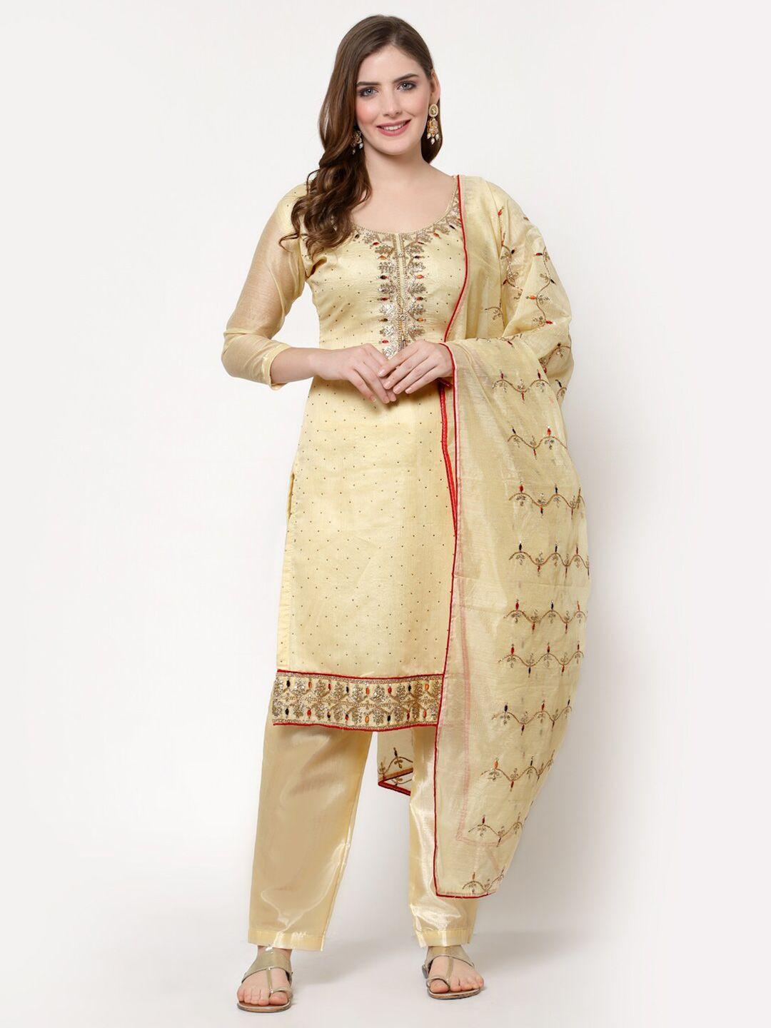 mf cream-coloured & gold-toned embellished unstitched dress material