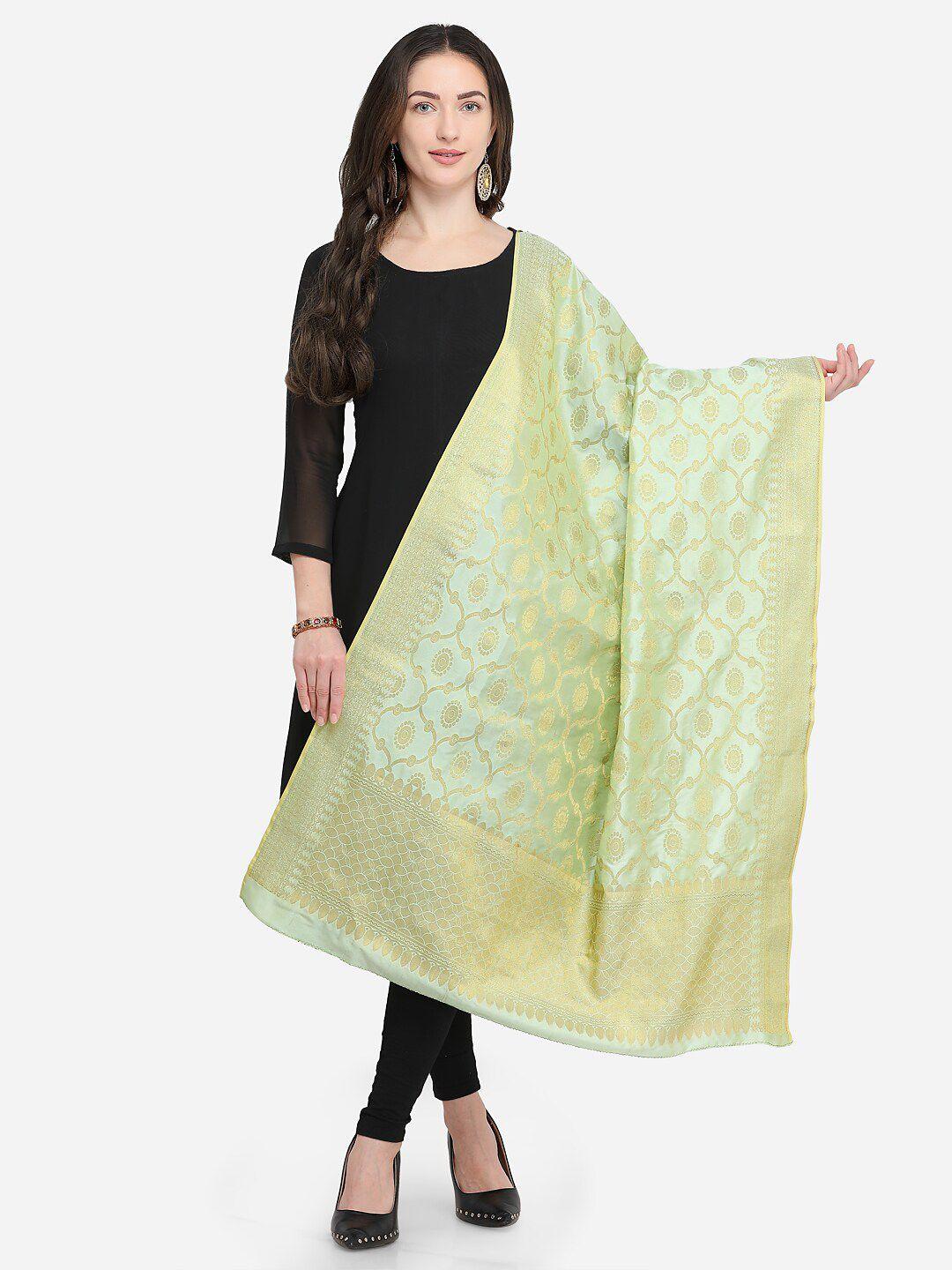 mf fluorescent green & gold-toned woven design art silk dupatta with zari