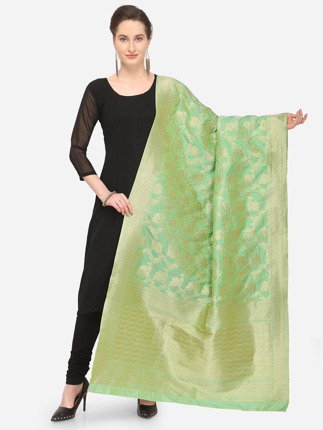 mf green & gold-toned woven design art silk dupatta with zari