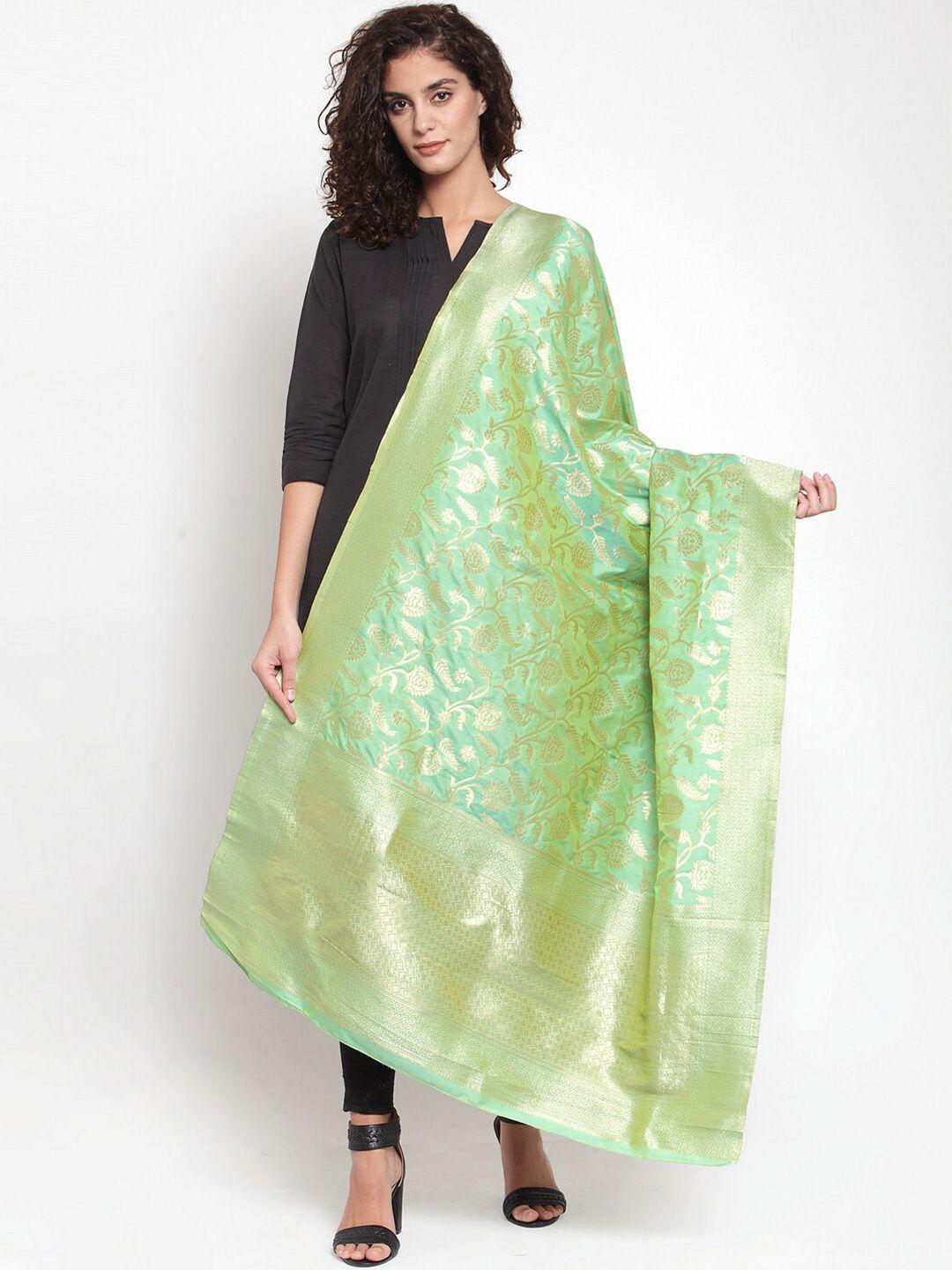 mf green & gold-toned woven design art silk dupatta with zari
