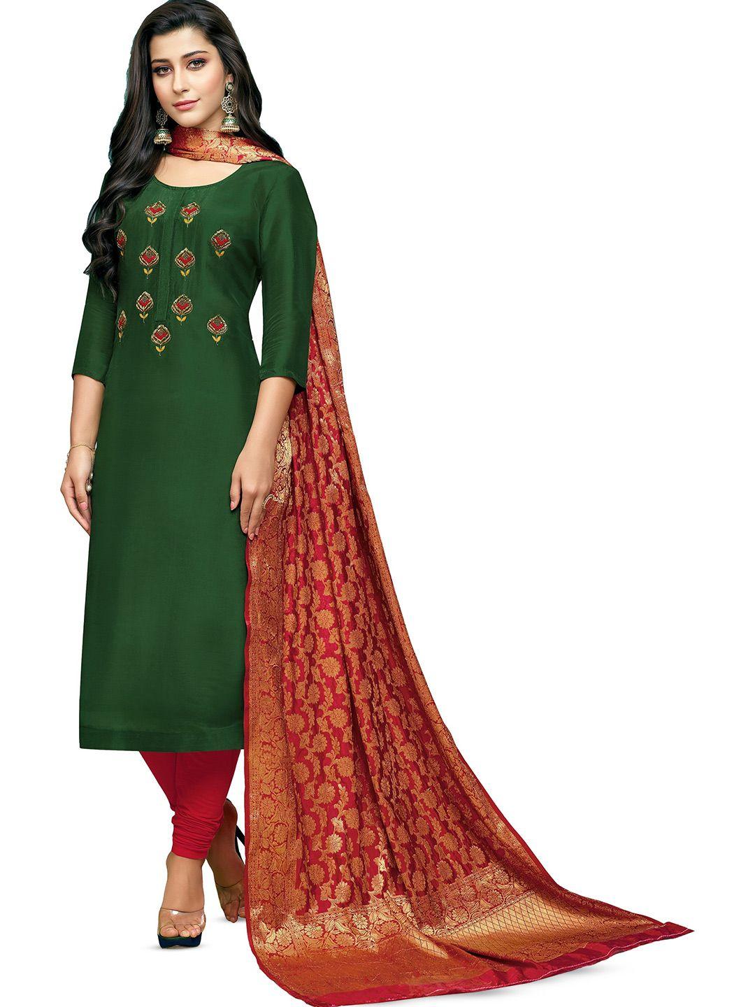 mf green & red embroidered unstitched dress material