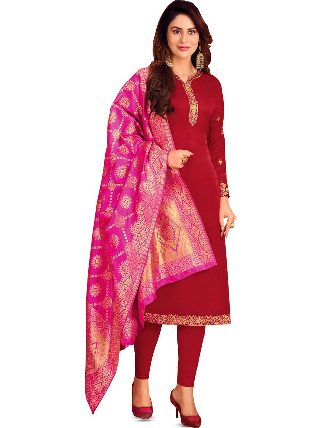 mf maroon & gold-toned embroidered unstitched dress material