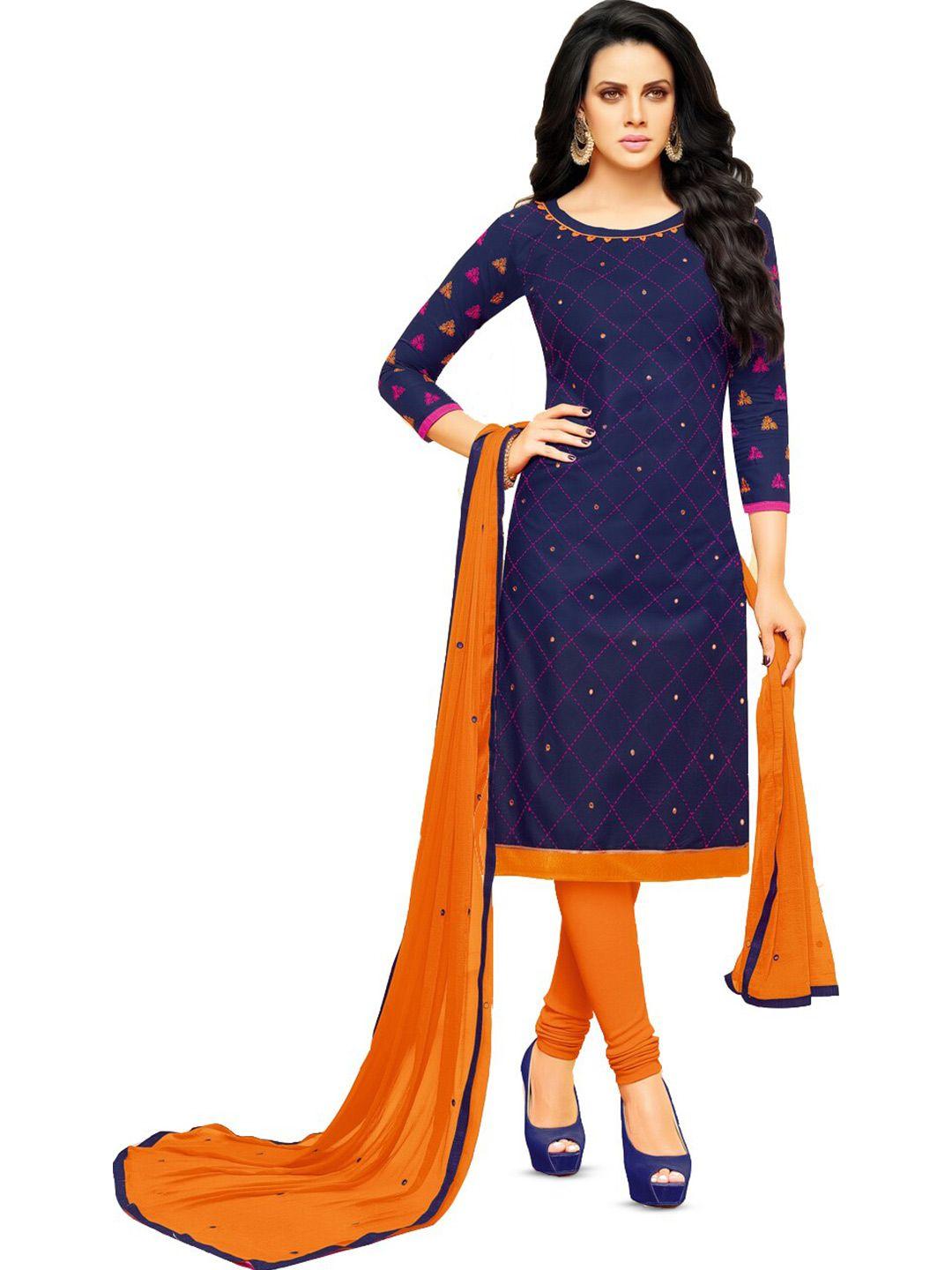 mf navy blue & orange embroidered unstitched dress material