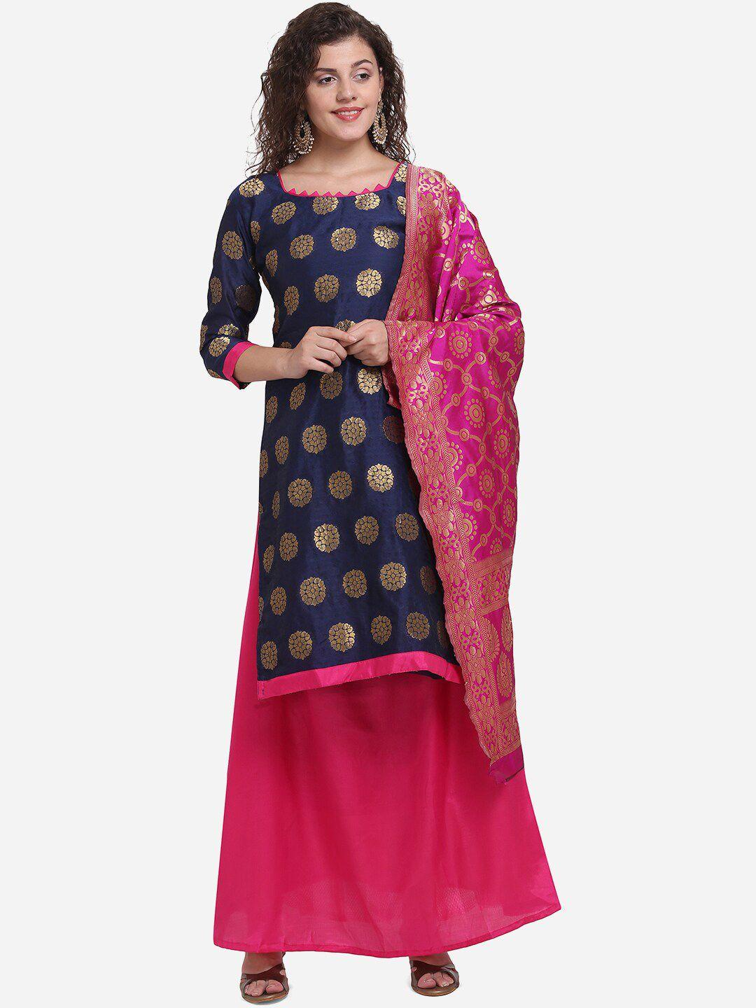 mf navy blue & pink art silk unstitched dress material